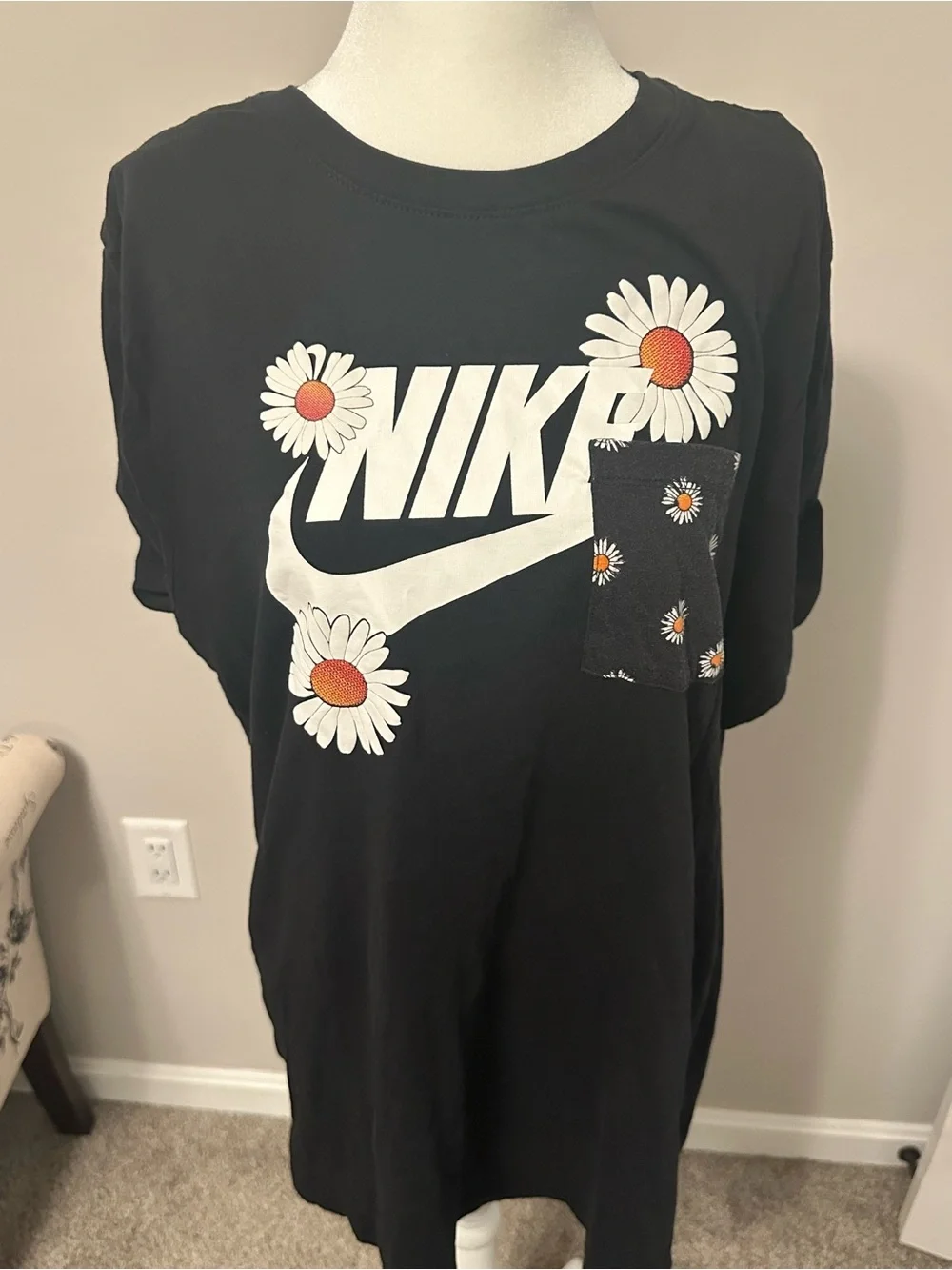 Nike Black Tee with White Logo and Daisy Accents
